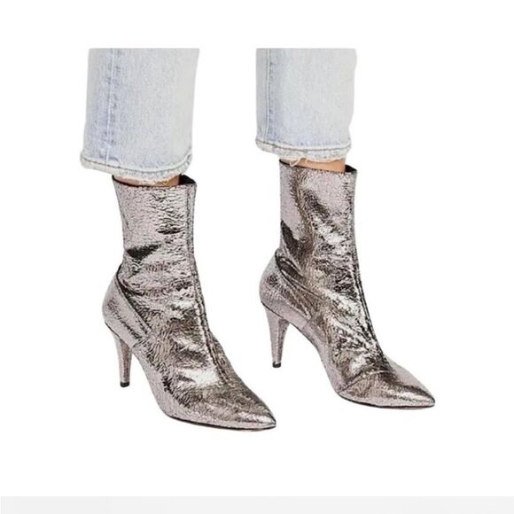 Free People Willa Metallic Leather Ankle Boot Silver Size  8 Eu38 - Picture 1 of 11